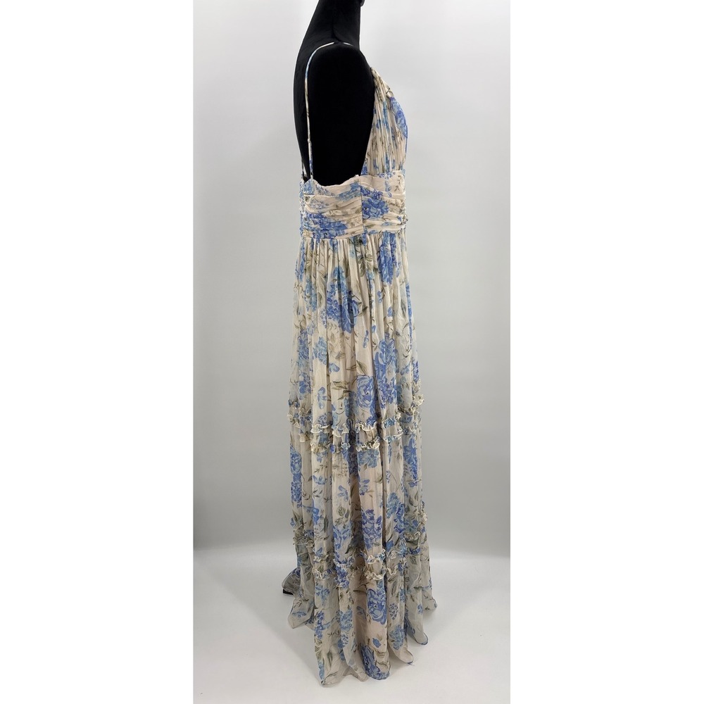 Lulus Niora Beige and Blue Floral Pleated Tiered Maxi Dress XL NEW - Picture 6 of 12